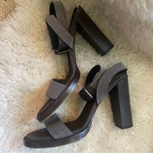Brunello Cucinelli Black and Silver Heels with Chunky Block Heel 39.5 IT
